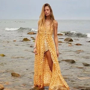 Free People Molly Jo Maxikleid in Goldgelb Blumen Knopf Maxi Boho Kleid S - Bild 1 von 5