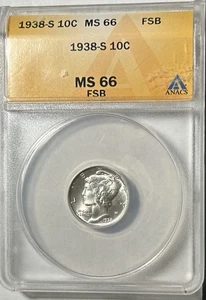 1938-S Mercury Dime, ANACS  66 FSB, Free Shipping - Picture 1 of 3