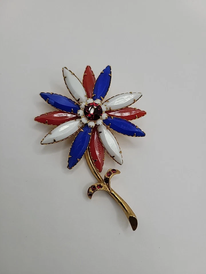 Broche Prendedor Vintage Flor Rojo Blanco Azul Cristal Patriótico Tono Dorado Joyería Foto 1 de 4