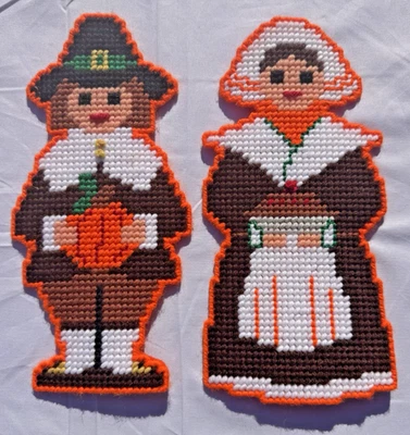Vintage Handmade Plastic Canvas Thanksgiving Pilgrams Cutouts with Felt Backing - Image 1 of 4