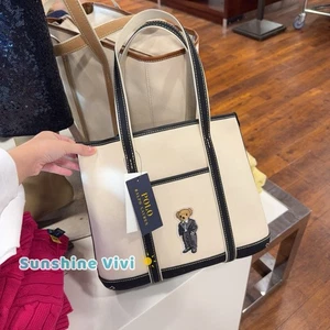 Neu mit Etikett Polo Ralph Lauren kleine Polo Bear Canvas Beuteltasche Tasche Baumwolle ECRU/SCHWARZ - Bild 1 von 9