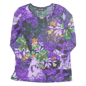 MIRA Rhinestone Womens Printed Blouse Purple 3/4 Sleeve Floral UK 12 - Picture 1 of 6