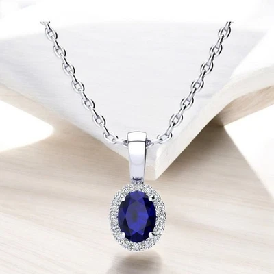 1/2ct Oval Shape Sapphire and Halo Diamond Necklace In Sterling Silver,18" Chain - Image 1 of 4