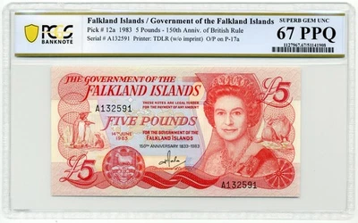 Falkland Islands, 1983 £5, Pick 12a, - PCGS Superb GEM UNC 67 PPQ - Image 1 of 2