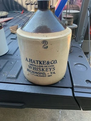 A. HATKE Co. WHISKEY STONE JUG RICHMOND VA. 2 GA. NO CHIPS OR CRACKS - Image 1 of 4