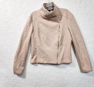 Express Women's Tan Asymmetrical Zip Zipper Pocket Embossed Moto Jacket L - Picture 1 of 6