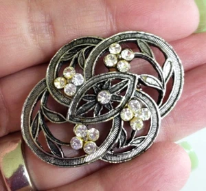Vintage Deco Revival Clear Rhinestone Floral Silver Tone Pin 1-3/4" - Picture 1 of 3