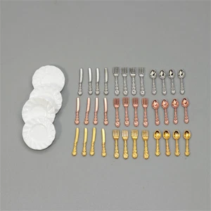 16PC 1:12 Scale Dollhouse Miniature Plates Knifes Fork Spoon Kitchen Accessories - Picture 1 of 11