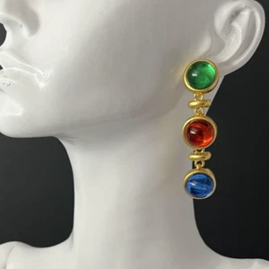 Mogul Jewel Earrings Pierced Dangle Drop Multicolor Cabochon Matte Gold Tone - Picture 1 of 6