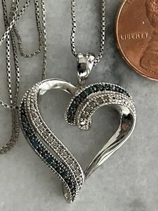 Sterling Silver 925 SUN Heart Necklace Pendant 22 inch Chain Blue Stones WOW! - Picture 1 of 2