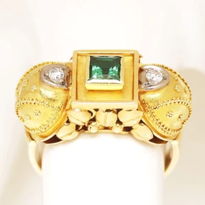 Damenring 14 Karat 585 Gold Gelbgold Turmalin Brillanten 4,52g Handarbeit Gr. 53 - Picture 1 of 4