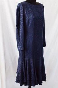 Vintage Louis Feraud Navy Dress Sz 10 Drop Waist Silk Damask - Picture 1 of 7