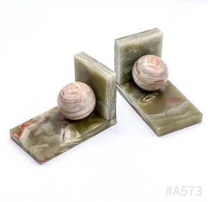 Mid Century Onyx-Marmor Buchstützen mit Kugel Onyx Grün Naturstein | Handarbeit - Bild 1 von 24
