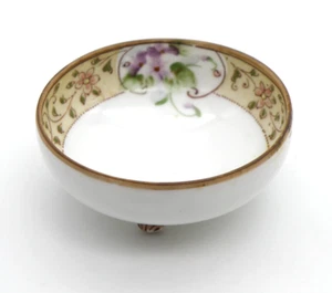 Vtg Hand Painted Nippon Rising Sun Mark 3 footed 3" bowl Floral Violets - Picture 1 of 15