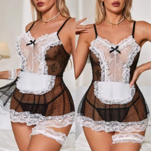 Damen Sexy Spitze Teddy Cosplay Dienstmädchen Kleid Set Nachthemd Sexy Babydoll Schlafkleid - Bild 1 von 17