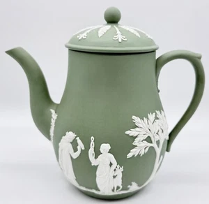 WEDGWOOD CREAM COLOR ON CELADON GREEN JASPERWARE COFFEE POT, CHIP ON SPOUT - Picture 1 of 22