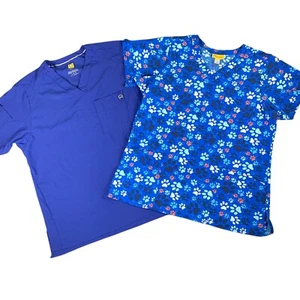 Lot of 2 WonderWink V Neck Scrub Tops Blue Animal Paws Nursing Womens Large - Picture 1 of 12