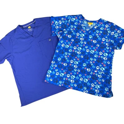 Lote de 2 Camisetas Exfoliantes WonderWink Cuello en V Azul Animal Patas Enfermería Mujeres Grandes Foto 1 de 4