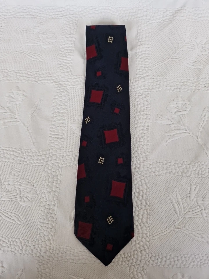 Vintage Navy Blue Geometric Print Polo By Ralph Lauren Handmade Silk Tie. - Image 1 of 4