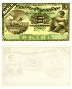u Billete Reproducción Puerto Rico 5 Pesos 1889 Pick #8 2772R - Imagen 1 de 1