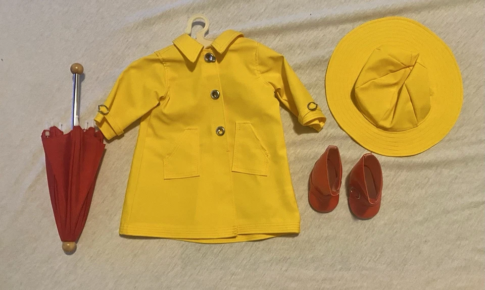 American Girl Molly’s Rain Outfit Slicker 大衣、帽子、靴子和雨伞 2008 — 第 1/4 张图片