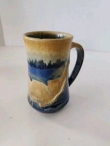 Vintage Handcrafted Pottery Mug With Blue Drip Glaze Signed SMALL CHIP SEE - Picture 1 of 11