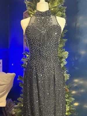 Vintage 100% Silk Beaded Evening Gown Black Halter Maxi Dress Open Back Size M - Image 1 of 4