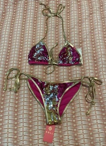 NWT Doll Swimwear Bikini Set Pink Gold Sequins Sz S - Picture 1 of 3
