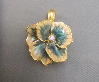 Joan Rivers Pansy Resin Enamel Pendant Blue Cream Purple Snap on/off - Image 1 of 3