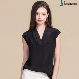 100 % Crepe Seda Mujer Superpuesta Cuello en V Mangas Gorra Camisa - Imagen 1 de 6