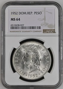 1952   Dominican Republic Silver Crown Peso  NGC MS64 - Picture 1 of 2