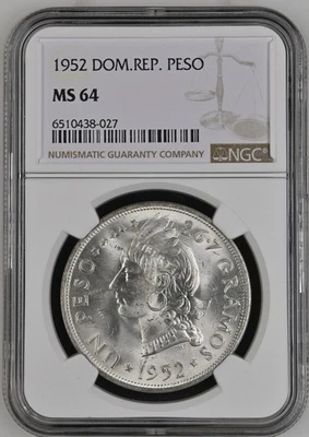1952   Dominican Republic Silver Crown Peso  NGC MS64 - Image 1 of 2
