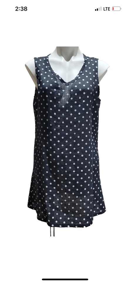 Vestido recto lino 100 % lino talla GRANDE negro ~ blanco punteado sin mangas cuello en V Foto 1 de 4