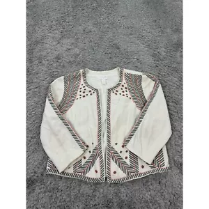 Chicos Jacket Womans 1 Embellished Artisan Linen Open Front Boho Blazer Coat - Picture 1 of 10