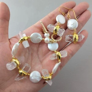 Cultured White Coin Pearl Clear Quartz Beaded Bracelet Earrings Set Party - Picture 1 of 9