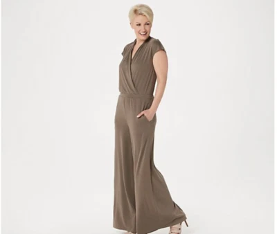  Lisa Rinna Collection  Surplice Wide Leg Jumpsuit-Mocha-XL  A353582 NEW - Image 1 of 2