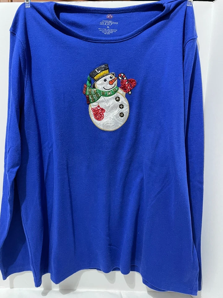 Christmas  blouse SNOWMAN blue size XL Mercer Street Studio - Image 1 of 1
