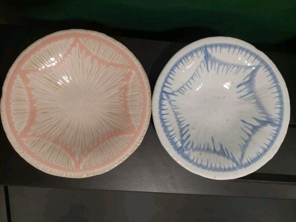 "Dos ensaladeras de postre Anthropologie Taka de 8"" hechas en Japón rosa y azul" Foto 1 de 4