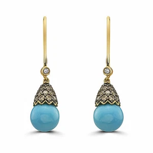 LeVian Carlo Viani 14K Yellow Gold Turquoise Chocolate Diamond 10.27 ct Earrings - Picture 1 of 4