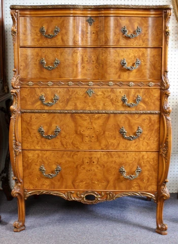 Vintage Carved Burl 5-Drawer Dresser with Scrolling legs, Drop Handles  1940-50 Cover