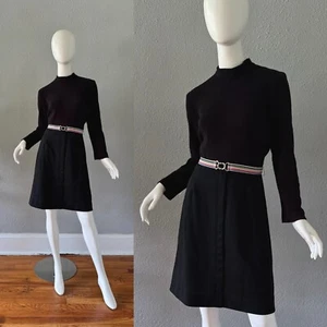 Vintage 60s Black Knit MOD Mock Long Sleeve Mini Dress M/L - Picture 1 of 14