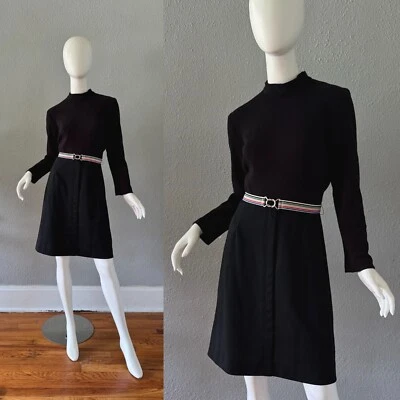 Vintage 60s Black Knit MOD Mock Long Sleeve Mini Dress M/L - Image 1 of 4