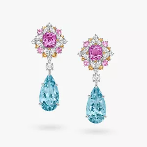 Lab Aquamarine & Lab Pink Sapphire Dangle Earrings 925 SS Women Party Wear Jewel - Picture 1 of 6