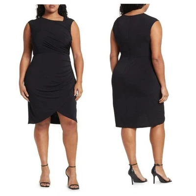 Vestido midi para mujer London Times cuello asimétrico fruncido tulipán funda negro Foto 1 de 4