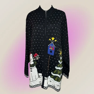 Quacker Factory Women Christmas Sweater 1X Black Cardigan Full Zip Knit Cat - Image 1 of 4