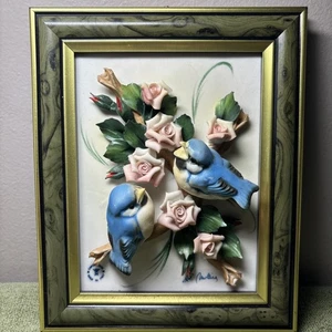 Capodimonte Italien 3D Porzellan Wandbild Vögel & Rosen signiert G. Muliere Vintage - Bild 1 von 6