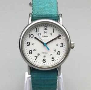 Timex Weekender Watch Women T2N836 31mm Silver Tone Blue Nylon Band New Battery - Picture 1 of 16