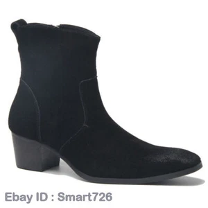 Zipper Square Toe Mens Chelsea Ankle Boots Real Suede Leather Runway Cowboy Heel - Picture 1 of 25