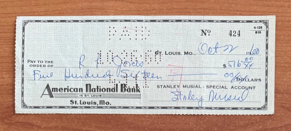 Vintage 1960 Stan "The Man" musical autografiado cheque #424 - St Louis Cardinals Foto 1 de 1