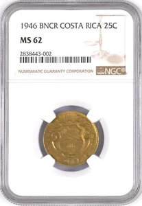 Costa Rica: 25 Centimos 1946 BNCR, NGC MS-62, KM# 181 Yellow Brass - Picture 1 of 2